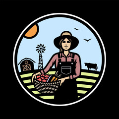 Farmer girl with a basket of vegetables on a dark background.