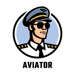 An airplane pilot wearing a cap and sunglasses.