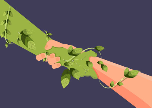 shaking hands with nature. hand shake person, eco handshake, ecology symbol, harmony with nature