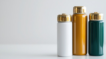 Minimalist image of three stylish bottles in white, yellow, and green with gold caps, showcasing modern design and elegance