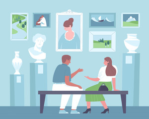 Man and woman sitting on a bench in a museum. Couple looking at exhibits in a museum. Discussing paintings in a museum. Flat vector illustration.