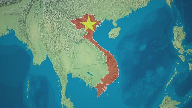 Zoom from Earth to Vietnam. (Country Flag) World map animation with highlighted borders of countries. Southeast Asia Cinematic 3d world map animation highlights aerial views, tourism, and travel. 4k