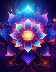 An intricate, colorful flower blooms against a dark background, radiating energy and light.