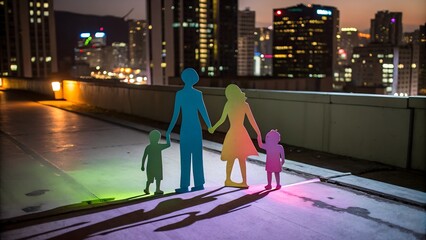 Family Silhouette Against City Night Lights