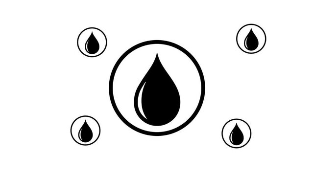 Zoom in and out animation the a drop of oil symbol. Large black symbol in the center and four small symbols around. Seamless looped 4k animation on white background