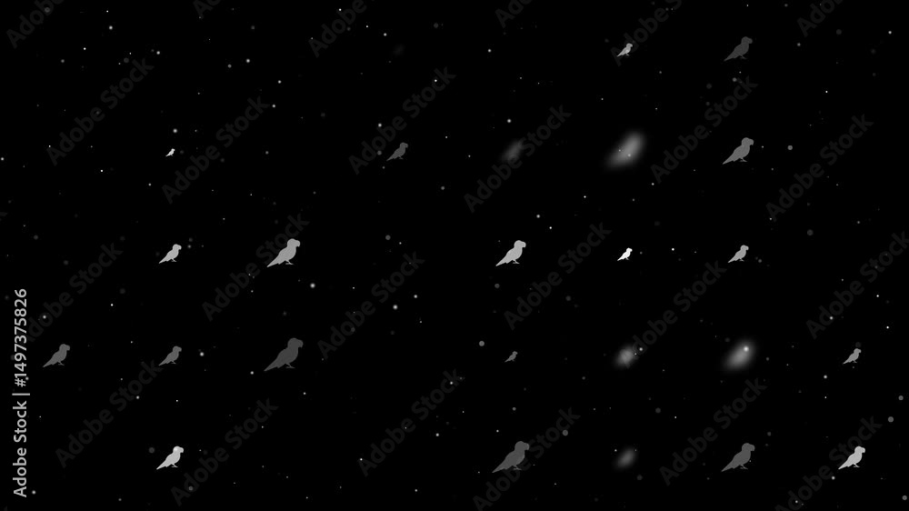 Poster template animation of evenly spaced parrot symbols of different sizes and opacity. animation of tran