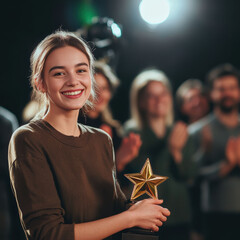 A female employee, holding a golden star award, stands surrounded by applauding colleagues, celebrating her outstanding performance.