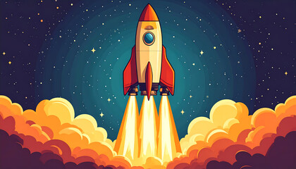 Rocket Launch: A Cartoon Rocket Soaring Through Space Amidst Fiery Clouds!