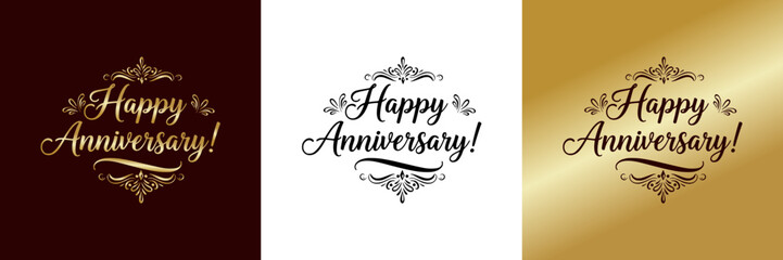 Elegant anniversary greetings in gold, transparent, and burgundy backgrounds, three designs  