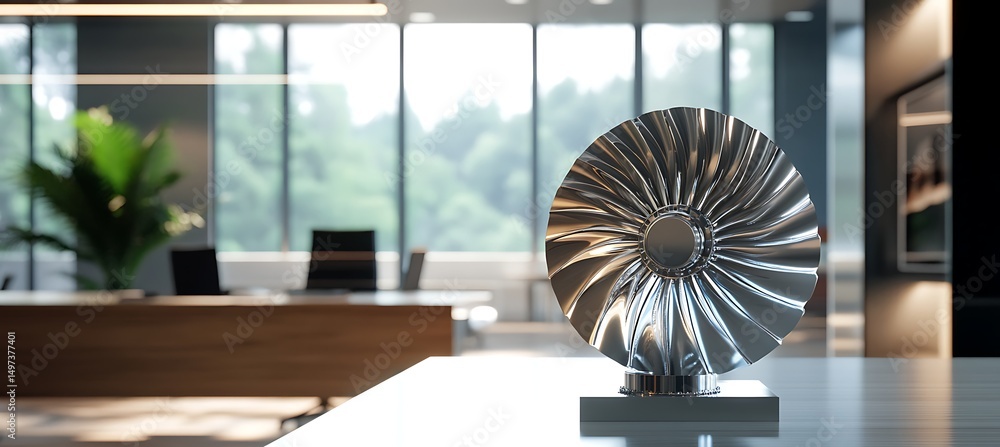 Poster a hydroelectric turbine model sits on a minimalist office table. the workspace in the background is 