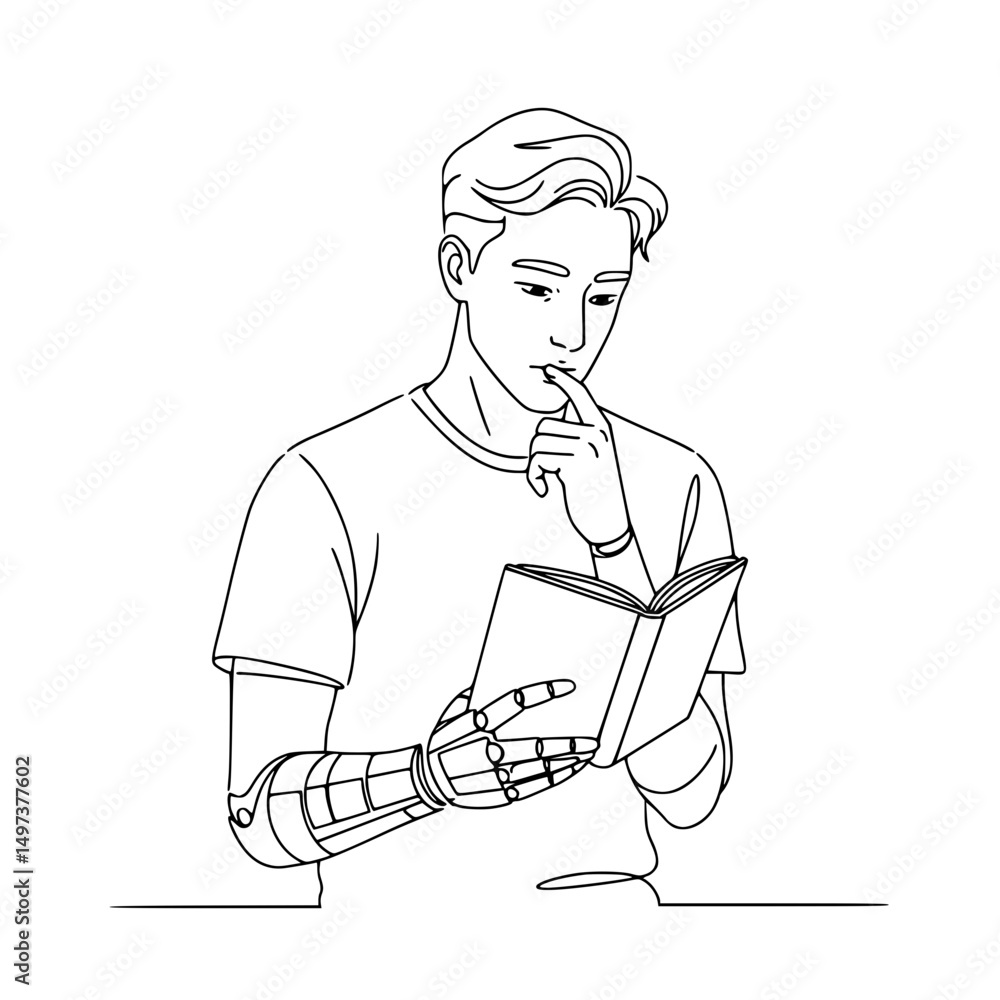 Poster young man reading a book while thinking with a robotic hand, line drawing on a transparent backgroun
