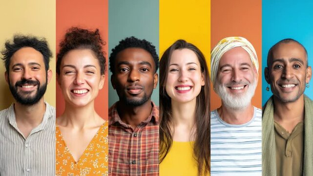 Collage of smiling happy people portraits diverse gender, different cultures, ages, ethnicity. Men and women looking at camera. Close-up of males female faces. Diversity of multiethnic humans outdoors