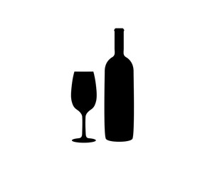 Wine bottle with wine glass silhouette icon. Minimalist wine bottle and glass icon vector design and illustration.

