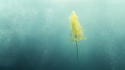 Serene underwater scene featuring a single delicate yellow flower, suspended in shimmering turquoise water.  Particles drift around the bloom creating an ethereal effect.