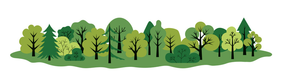 Green forest landscape. Trees horizontal background. Flat design poster. Ecological theme