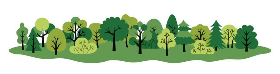 Green forest landscape. Trees horizontal background. Flat design poster. Biological theme