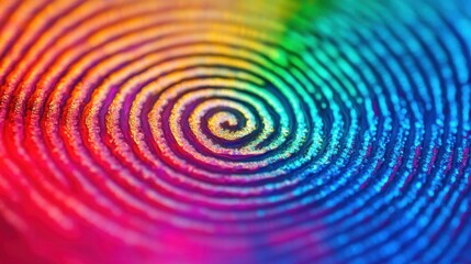 Artistic fingerprint spirals with abstract rainbow color blending in background