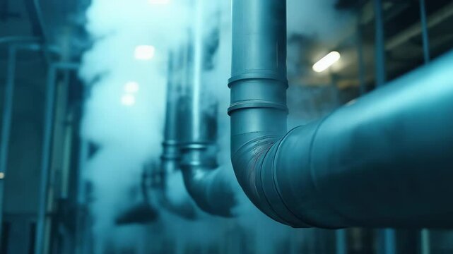 Industrial metal pipes emitting white steam in blue-lit factory interior, perfect for engineering, production process, energy systems, and technical industry videos