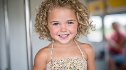 Smiling young girl with curly blonde hair and bright blue eyes on a bus or train