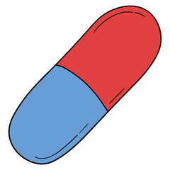 Hand drawn cartoon pill capsule on white background.