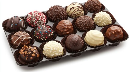 Variety of chocolate truffles in a tray, with coatings and sprinkles. Showcase dessert options, gifting, or a sweet indulgence with chocolate.