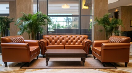 Fototapeta premium Deep brown leather sofas with smooth cushions arranged near tall glass panels in a premium hotel