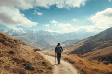 Fototapeta premium A lone traveler hiking along a winding mountain path majestic peaks gigapixel standard serene environment captured from a distance