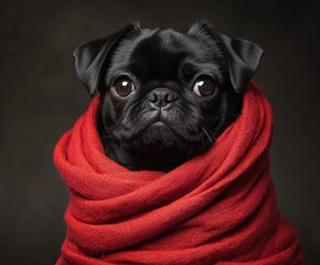 Black pug wrapped in red clothes with space for text.