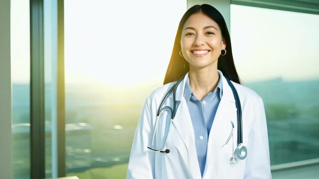 Portrait of mature family doctor female asian warming up on surface with statoscope standing in hospital corridor. Medical technology and healthcare business concept.