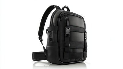 Naklejka premium Sleek black tech backpack designed for laptops, isolated on a white background with soft reflections