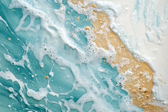 Abstract ocean art with blue, gold, white paints and foam bubbles. Use as a calming background, creative texture, or coastal design element.