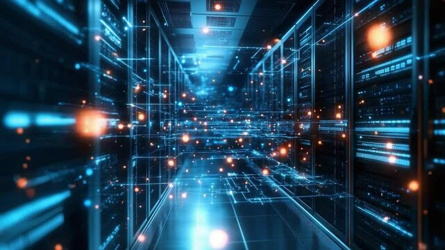Digital Realm: A futuristic visualization of a data center's intricate network, pulsing with digital energy. Intricate circuitry and radiant nodes illuminate the path of information flow.