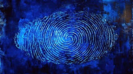 Stylized fingerprint swirl design on a deep blue abstract tech background