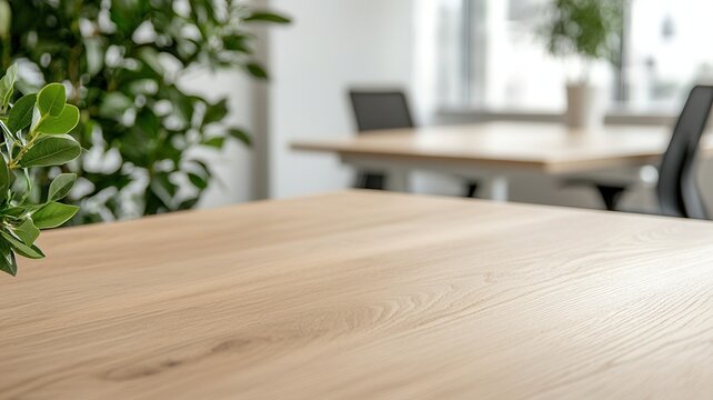 Wooden table surface in focus with blurred office background, creating a professional and business oriented atmosphere