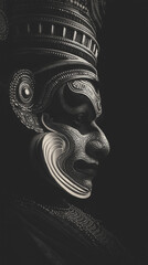 black and white portrait of kathakali face