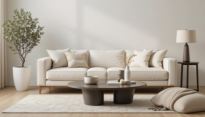 Modern Living Room Interior Design  Beige Sofa  Coffee Table  Plants
