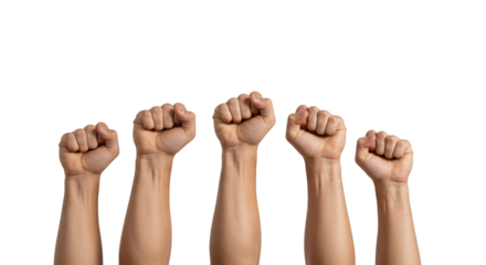Five raised fists symbolizing unity and strength against oppression and fighting for their rights isolated on transparent background