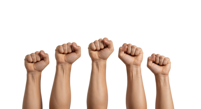 Five raised fists symbolizing unity and strength against oppression and fighting for their rights isolated on transparent background