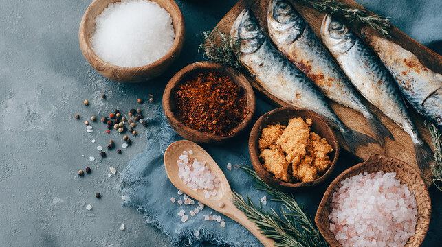 Whole fresh fish with spices, herbs and salt arranged on rustic gray surface, top view seafood composition for traditional or vintage food styling
