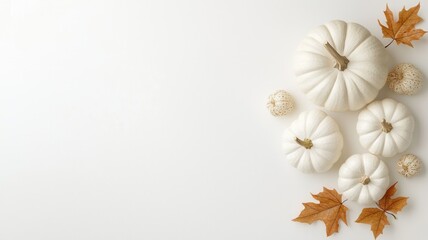 Rustic pristine pumpkins nestled among dry maple leaves, scattered on white background, warmth autumnal evoking and seasonal charm