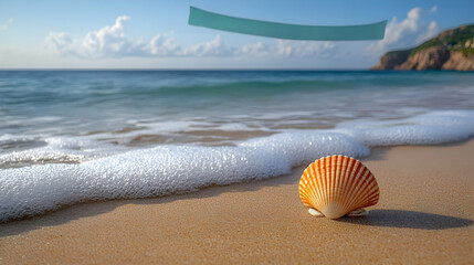 Obraz premium Seashell's serene placement on sandy shore near the sea edge, reflecting coastal allure