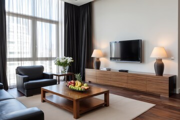 Modern living room with TV and comfy seating