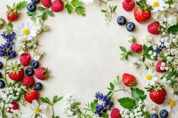 Colorful assortment of fresh berries and delicate flowers create a charming border on a light background for vibrant decorations