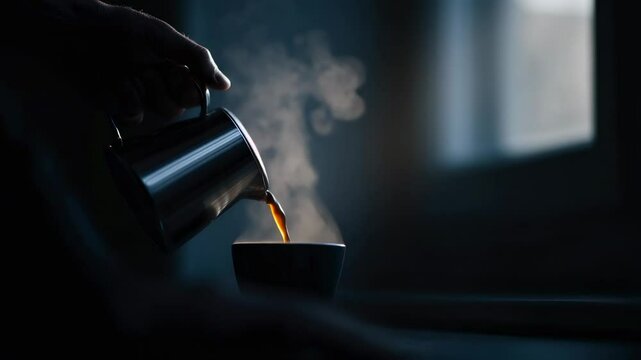 Warm coffee pouring into a cup in a dimly lit room creating a cozy atmosphere during early morning hours
