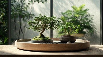 Sunlit bonsai trees on wooden tray near window