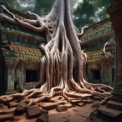Fototapeta premium Temple Roots Giant banyan roots engulfing