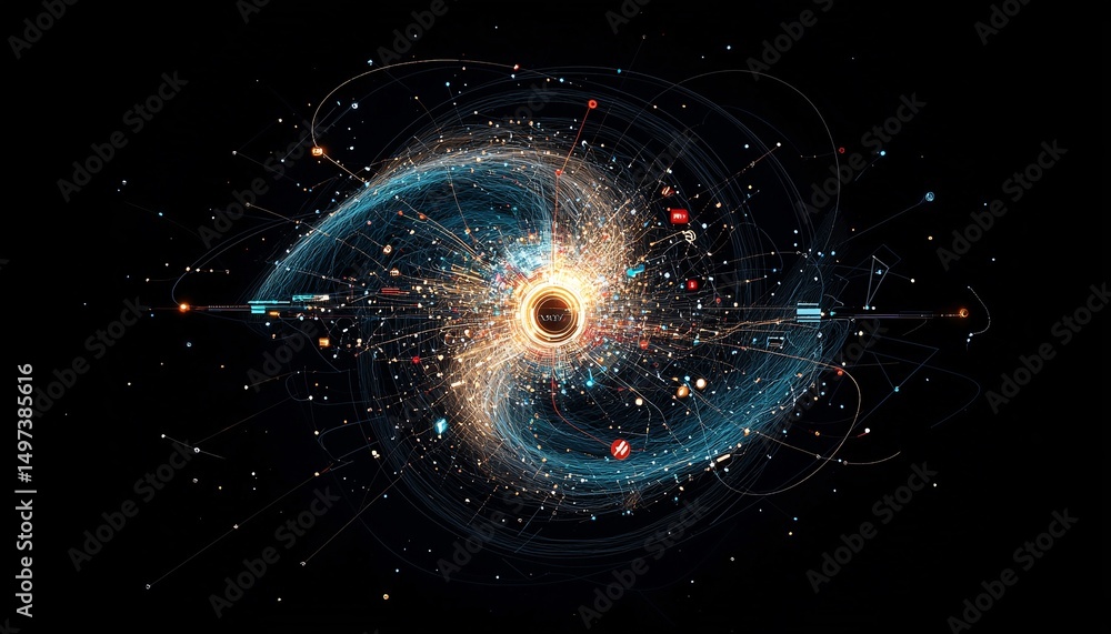 Poster abstract digital art: glowing particle vortex in dark space