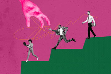 Creative full artwork collage of three happy business partners guys girl run together career ladder...