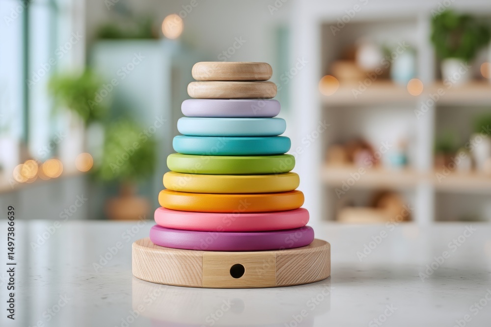 Poster a colorful wooden stacking ring toy is placed on a table in a bright room, creating a vibrant and pl