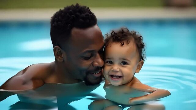Black father and child enjoying family time swimming in a pool on vacation